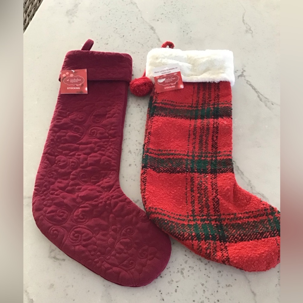 Two Saint Nicholas square Christmas stockings